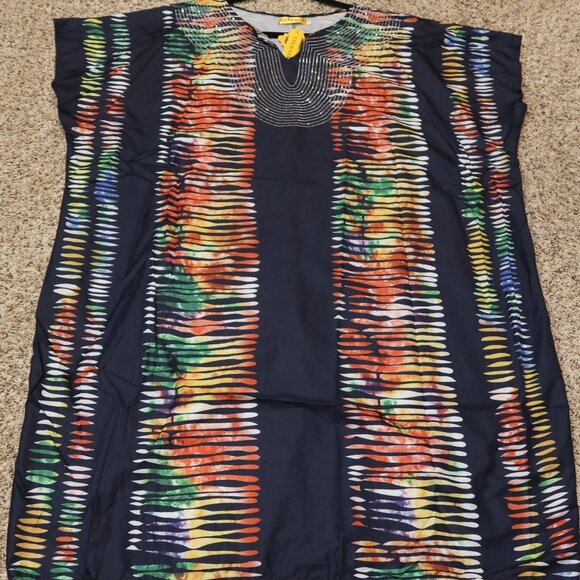 Colorful Short Blue Kaftan Mini Dress With Rhinstones 1X NWT - Picture 4 of 16